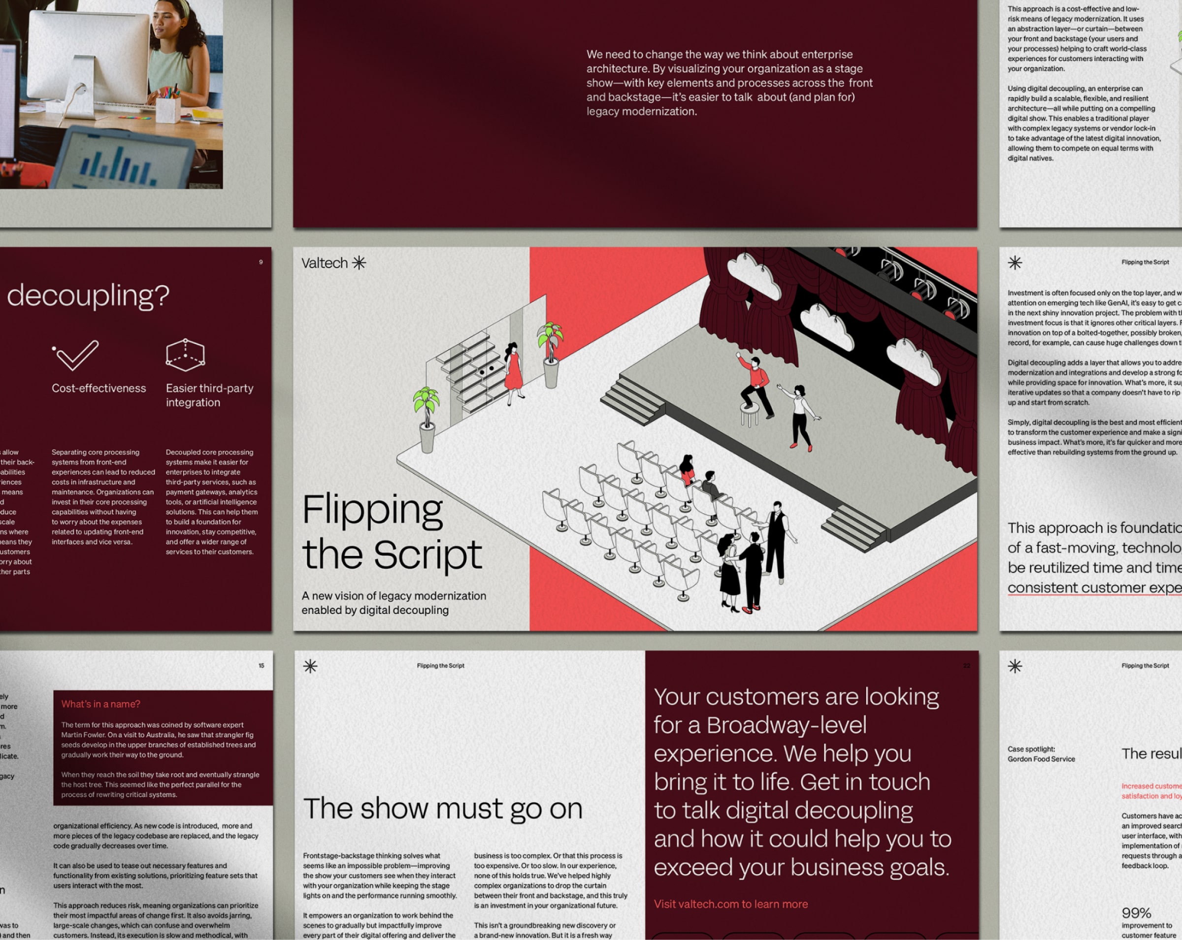 Collage-style business presentation slide featuring text and illustrations about digital decoupling and legacy modernization by Valtech, with a central image of a stage, actors, and audience.