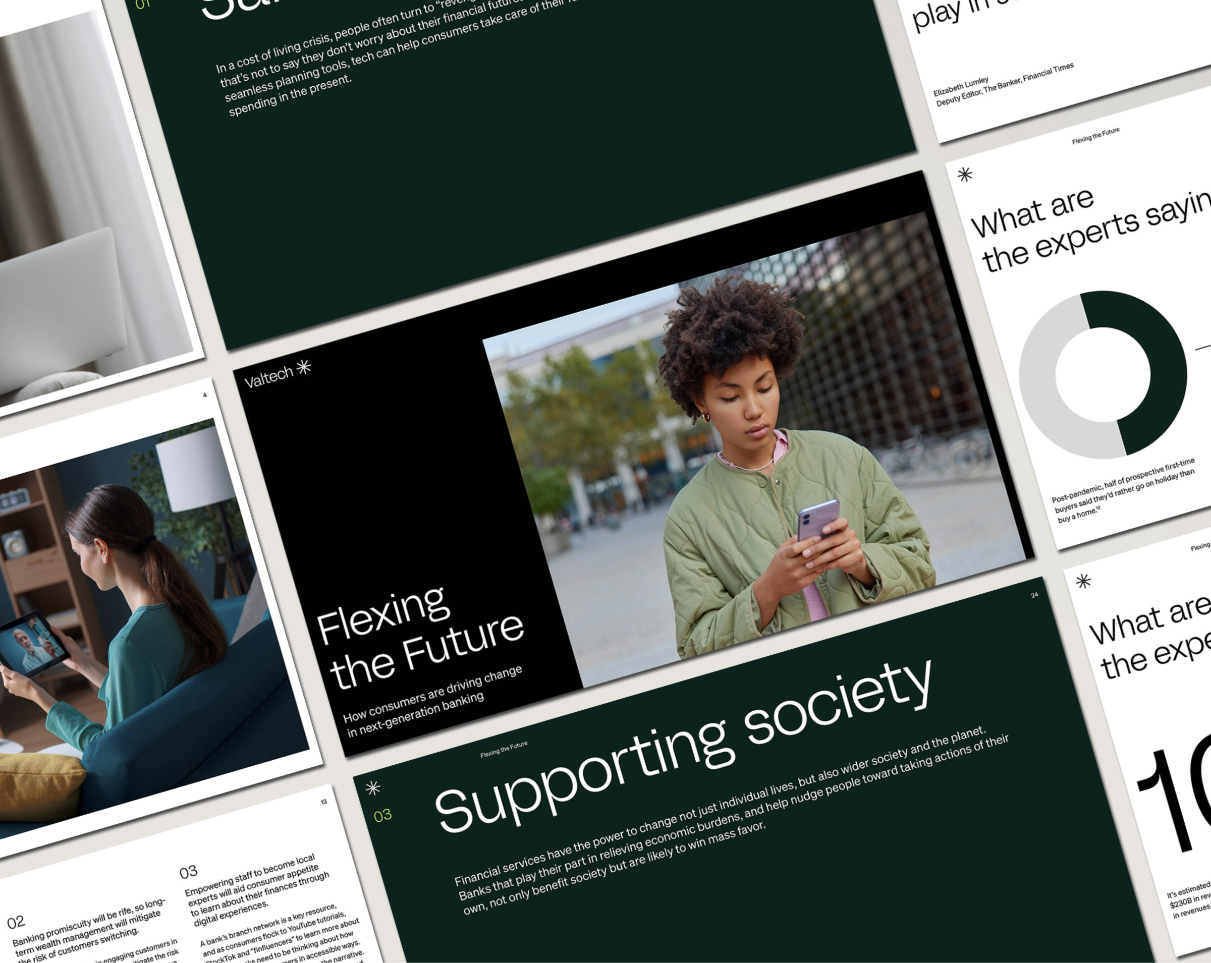 A multi-page presentation mockup showcasing key themes in financial services, including 'Flexing the Future' with a central image of a young woman using her smartphone outdoors. Other sections discuss supporting society and expert insights on financial trends.