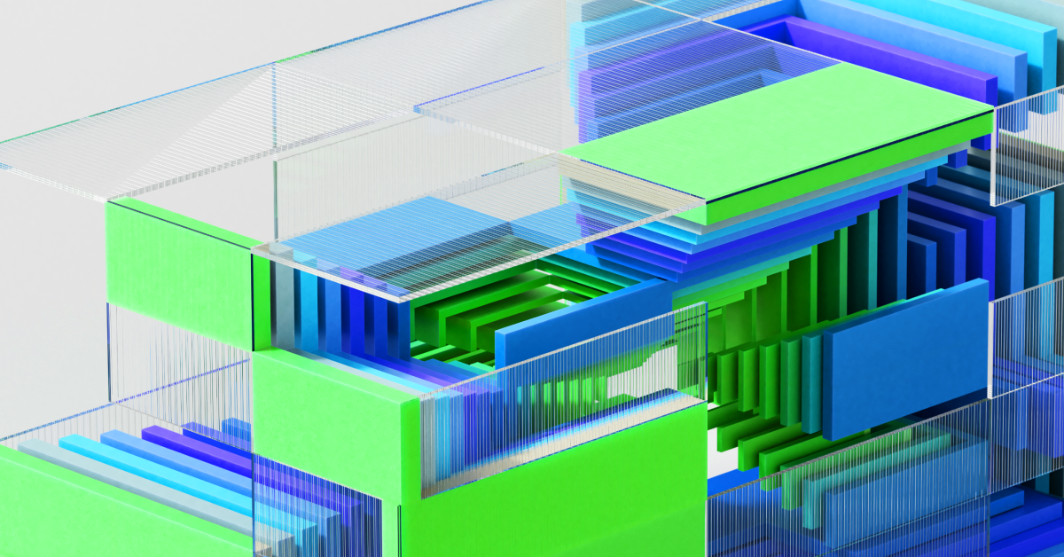 Abstract 3D rendering of colorful geometric blocks in green, blue and purple tones.